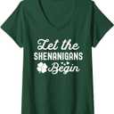 Womens Lucky St Patricks Day Let the Shenanigans Begin Womens V-Neck T-Shirt (Small, Dark Green)