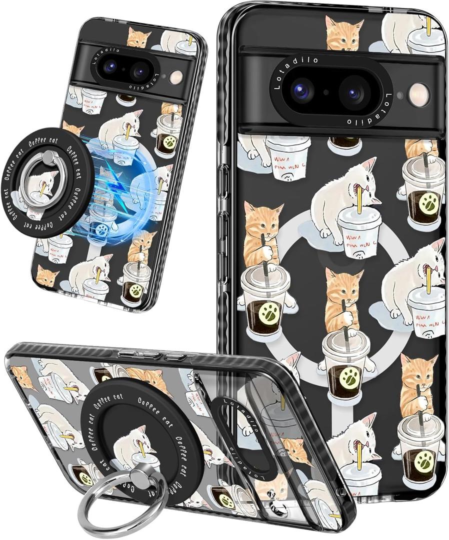 Lotadilo Cute for Google Pixel 8 Case - Compatible with Magsafe Magnetic Ring Holder Stand Kickstand for Women Girls Girly Funny Fashion Pretty TPU Phone Covers Cat Cafei Design