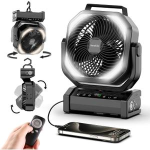 Socool Camping Fan with Light - 20000mAh Rechargeable Battery Fan, 112Hrs Max Run Time, 9 Speeds, Digital Display, Timer, Auto Oscillation, 270 Pivot & Hook for Camping, Power Outage, Hurricane (8.5inch)