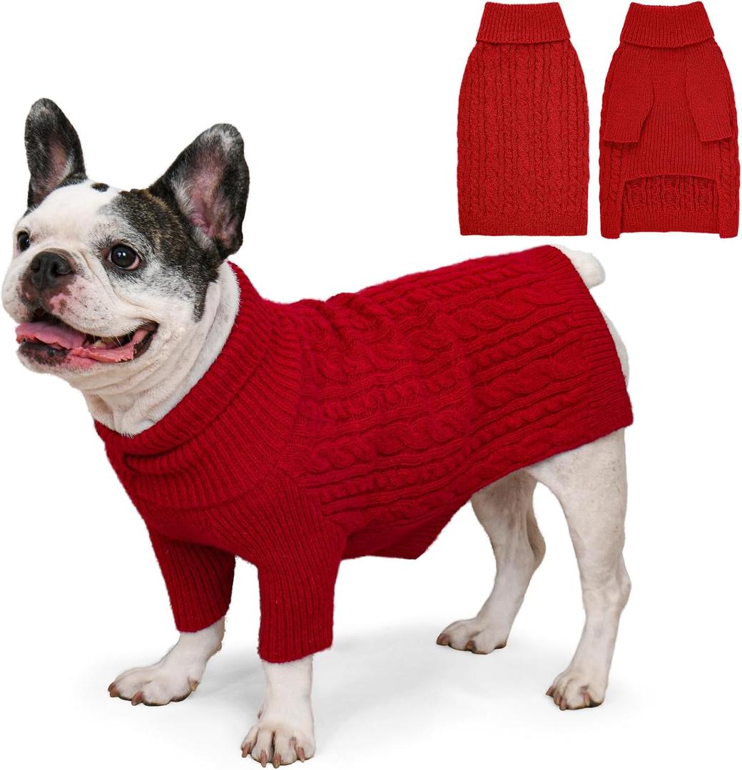 Dog Sweater Turtleneck Pullover Cable Knit for Boys Girls Medium Dogs Frenchie Dachshund Corgi Beagle Winter Stretch Clothes Long Sleeves (M, Red)