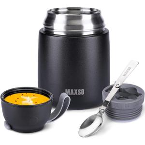 MAXSO Soup Thermo for Hot & Cold Food for Adults Kids, 17 oz Vacuum Insulated Steel Lunch Container Bento Box with Spoon, Leakproof Thermal Food Jar for School Office Travel - Black