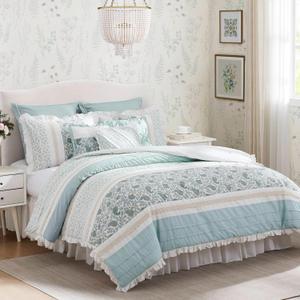 Madison Park Dawn 100% Cotton Shabby Chic Comforter Set-Modern Cottage Design All Season Down Alternative Bedding, Matching Shams, Bedskirt, Decorative Pillows, King(104"x92"), Aqua 9 Piece