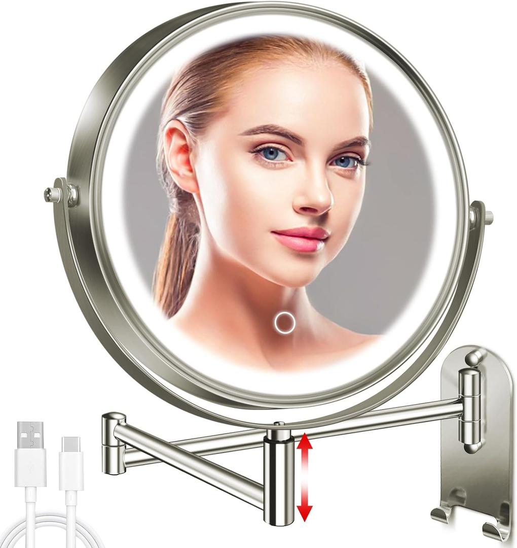 8" Wall Mounted Lighted Makeup Mirror, 3000mAh Rechargeable Double Sided 1X/10X Magnifying Mirror with Hook, 3 Color Lights Touch Dimmable 360 Rotation Vanity Mirror for Bathroom (Nickel-round)