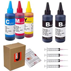 4 Color Ink Refill kit for HP 950 951 932 933 60 61 952 902 901 62 63 21 22 920 940 934 564 711 970 971 94 95 96 Ink Cartridge (2 Black 1 Cyan 1 Magenta 1 Yellow) 100ML x5 Bottle with Syringe