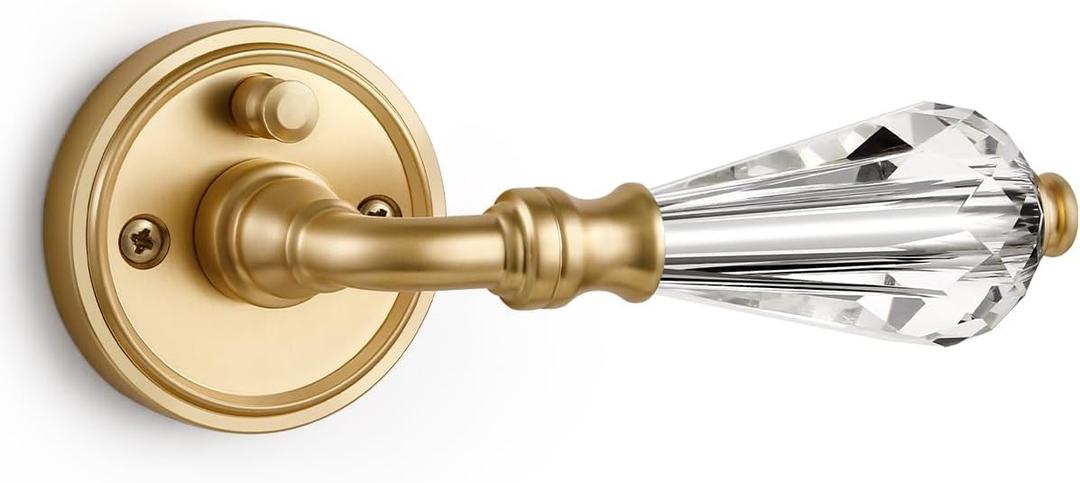 2 Pack Gold Glass Door Lever Privacy Crystal Door Levers Satin Brass Door Lever Interior Brushed Gold Door Handle for Bedroom and Bathroom,Zinc Alloy