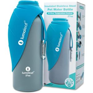 LumoLeaf Insulated Dog Water Bottle 27 oz Stainless Steel - Keep Water Cool or Warm, Portable Pet Water Bowl for Travel, Wide Mouth for Easy Ice Filling & Cleaning (Blue)