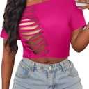 LovelyWholesale Womens Off The Shoulder Crop Tops Sexy Cut Out Ripped Short Sleeve T Shirts Hot Pink Small (Pink, S)