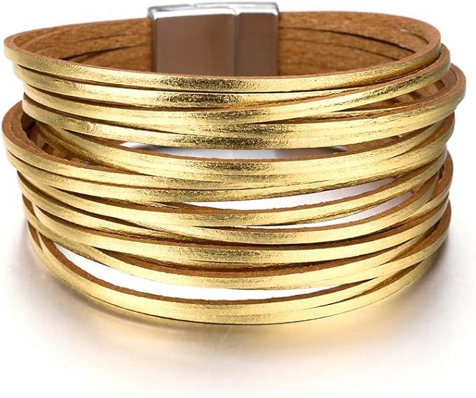 Fesciory Leather Wrap Bracelets for Women, Boho Leopard Multi-Layer Crystal Beads Cuff Bracelet Jewelry
