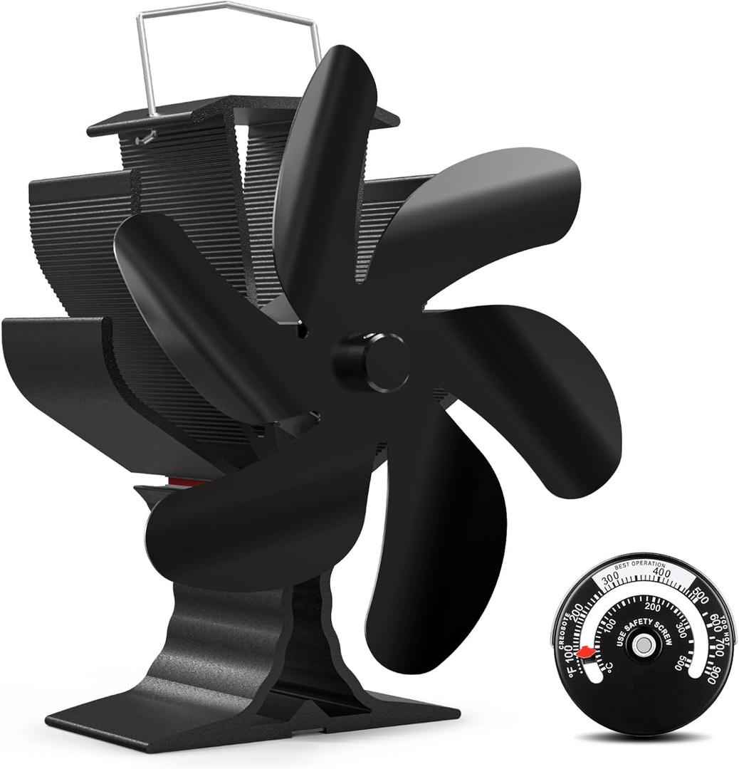 HIDALIFE Wood Stove Fan for Heater, Heat Powered Fireplace 6 Blades Fan with Bracket Compatible for Heater,Thermal Tent Heater Fan for Camping Propane Heater with Magnetic Thermometer