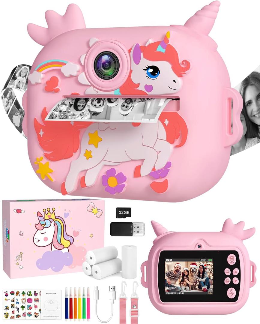 OZMI Kids Camera Instant Print, 1080P 48MP Instant Print Camera for Girls Boys Toddler with Print Paper & 32G Card, Christmas Birthday Gift Toys for Age 3 4 5 6 7 8 9 10 11 12 Years Old Girls Boys