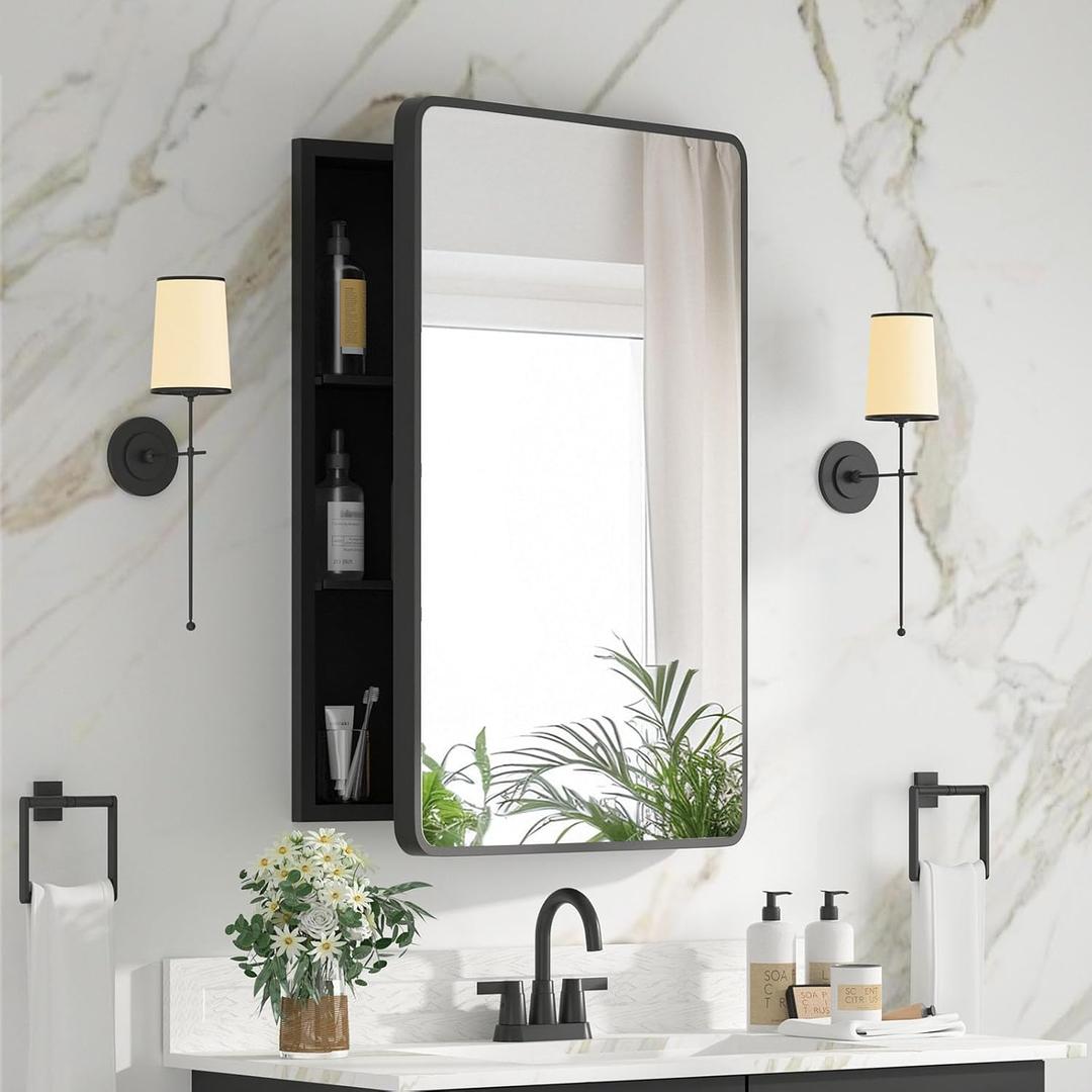 Medicine Cabinet 20 x 28 Inch, Black Bathroom Medicine Cabinet with Mirror,Metal Beveled Mirror, Adjustable Shelves, Recessed or Wall Mount, Sturdy & Solid, Bathroom Mirror with Storage