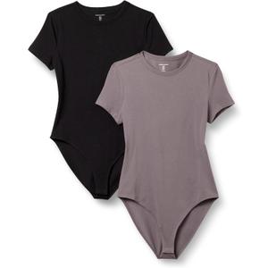 Amazon Essentials Women's Stretch Cotton Jersey Slim-Fit T-Shirt Bodysuit, Pack of 2 (Black/Grey) S