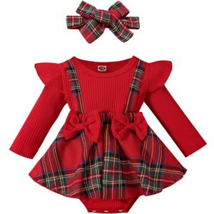 Hnyenmcko Newborn Baby Girl Christmas Clothes Infant Red Plaid Romper Dress Ruffle Long Sleeve Ribbed Bodysuit Headband Set (0-3 Months)