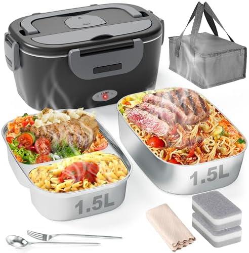 Geveniss Electric Lunch Box for Men, Women & Adults - 80W Fast Heating - Heated Lunch Box with Dual 1.5L SS Containers - Portable Food Warmer for Car, Truck, Officeittle 