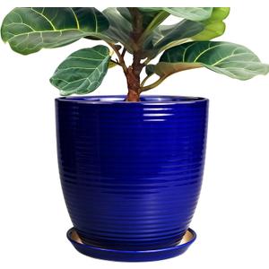 Ceramic Planter Pot - 12 Inch Pot for Plants Large Indoor Plant Pot with Drainage Hole and Saucer Fluted Round Planter for Outdoor Plants Flower Pot for Home Garden Blue