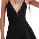 yoeasy Women's Sleeveless Deep V Neck Shorts Denim Romper Spaghetti Strap Tie Backless Ruffle Jean Overalls (Large, Black)