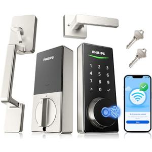 Philips WiFi Smart Lock with Front Door Handle Set, Built-in WiFi, APP Remote & Voice Control, Fingerprint Keyless Entry Door Lock, Keypad Deadbolt Smart Locks for Front Door, Auto-Lock, Satin Nickel