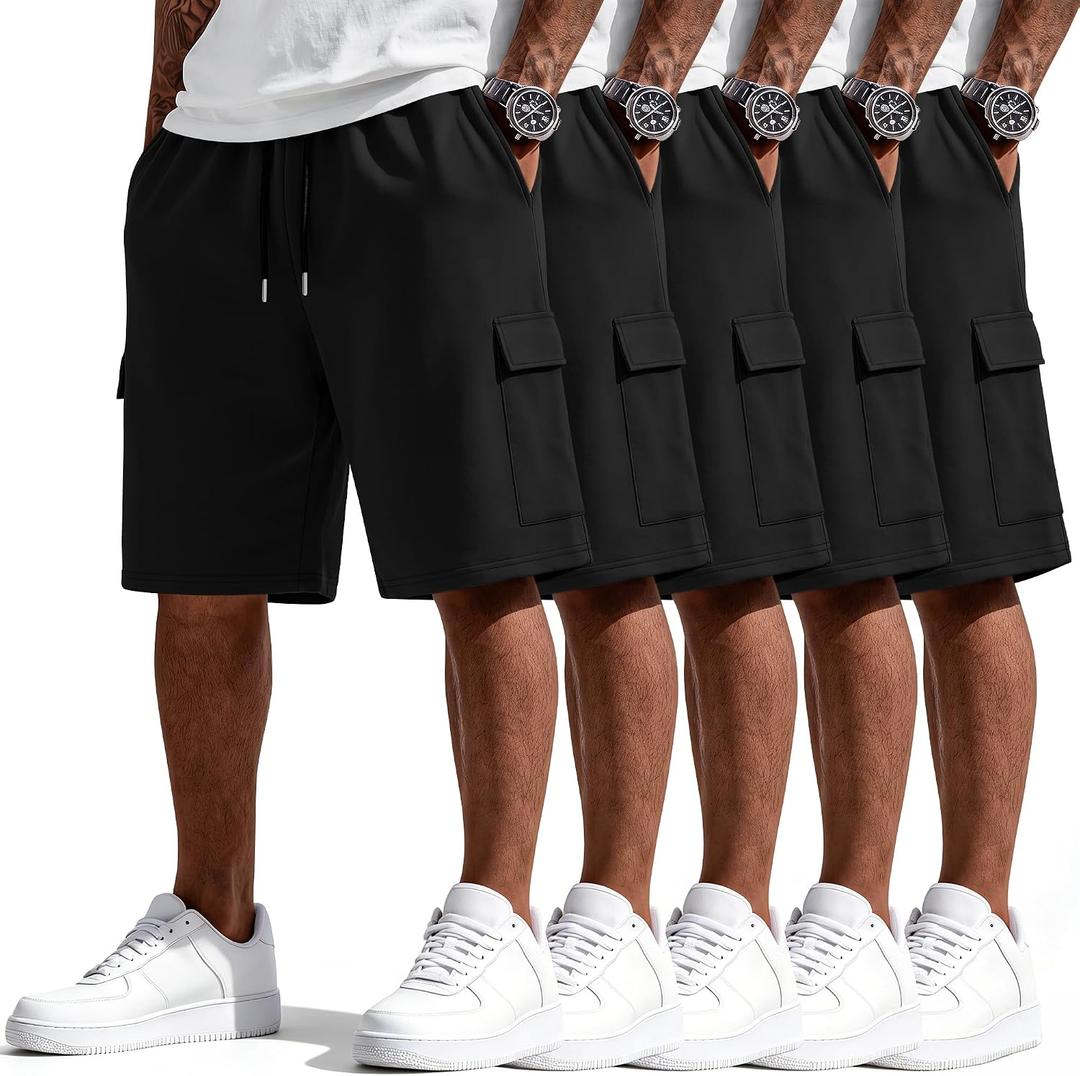 Neer 5 Pack Men's 9'' Big and Tall Cargo Shorts, Loose Fit Drawstring Athletic Shorts with Pockets Summer Workout Casual (Black, L)