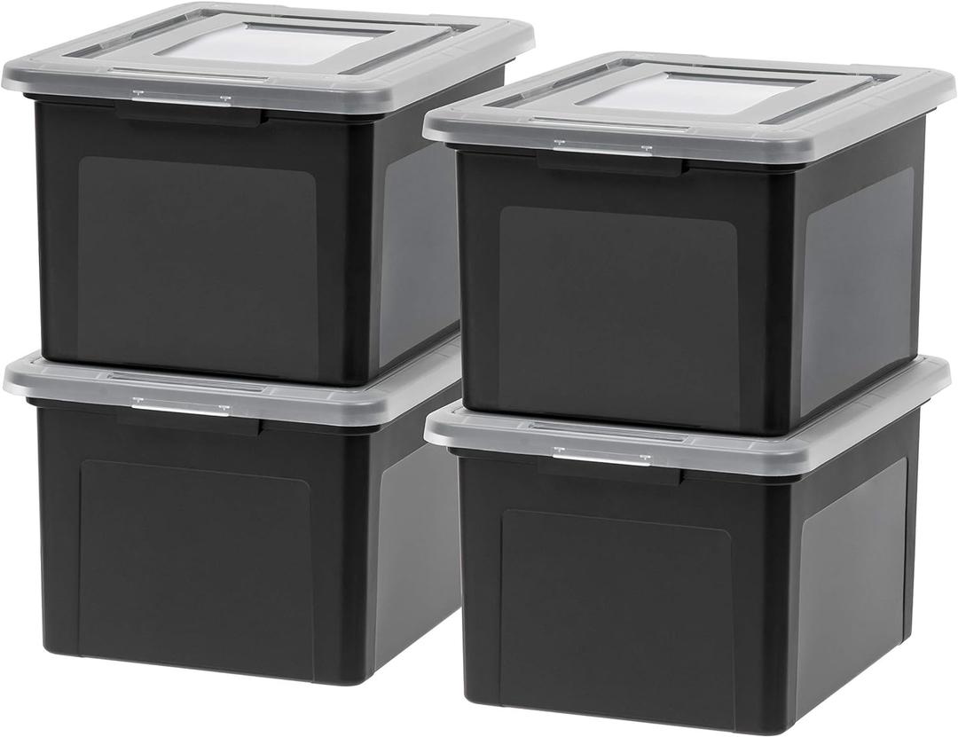 IRIS USA File Box, Plastic File Organizer with Lids for Letter/Legal File, Portable Document Box For Moving, Storage Bin with Durable and Secure Lid, Stackable Nestable BPA-Free, Black 35 Qt. 4 Pack