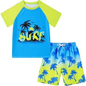 Boys Short Sleeve Rash Guard Swimsuit Set with Swim Trunks | Boys Bathing Suits for Swimming, Surfing, Rafting, Kayaking, Diving, Fishing, Waterski, Swim Team, Swim Meets, Lounging (Blue) Size 5 6