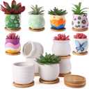 Remerry 6 Pcs 3.5 Inch Mini Succulent Pots with Bamboo Tray White Ceramic Pots Color Your Own DIY Small Planters Containers for Flower Cactus with Drainage Hole for Plant Lover