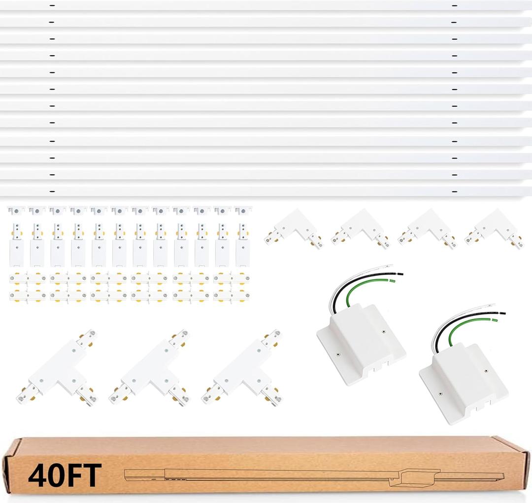 40FT H Track Lighting Rails Kit White H Type Track Rails with Floating Canopy Connector, End Caps, Live End Feed and T L Connector, Compatible with Single Circuit H Style
