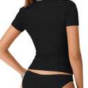 Rooscier Women's Notch V Neck Ribbed Knit Slim Fit Short Sleeve Basic T Shirts Blouse Tops (Black, M)