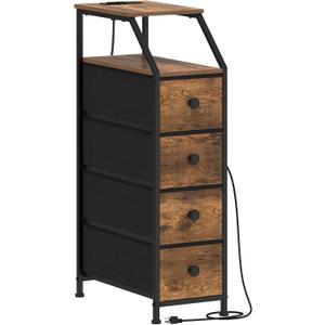 Narrow Dresser Tall Skinny Storage Tower Vertical Slim Chest of Drawers with Charging Station Small Nightstand Side Table for Bedroom, Bathroom, Small Spaces (Rustic Brown, 4 Drawers), 18.9"D x 9.8"W x 34.4"H