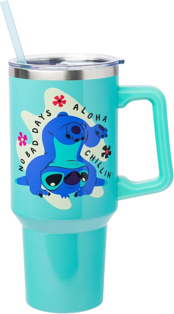 Silver Buffalo Disney Lilo and Stitch Aloha No Bad Days Chillin Stainless Steel Tumbler with Handle and Straw, Fits in Standard Cup Holder, 40 Ounces