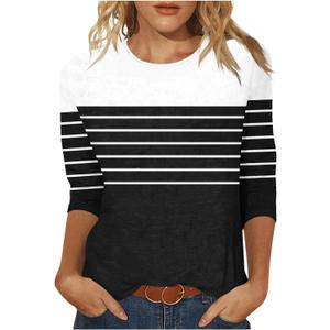 3/4 Length Sleeve Womens Tops Summer Three Quarter Striped Shirts Plus Size Trendy Casual Loose Fit Soft Blouse Tees