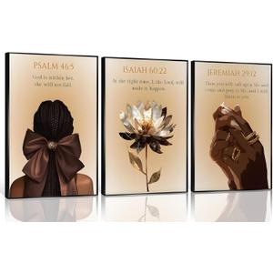 3Pcs Trend Black Girl Canvas Wall Art Christian Bible Verse Poster Prints Abstract Fashion Lotus Flower Pictures Wall Decor for Living Room Bedroom Home Decoration Unframed (12x16, beige)