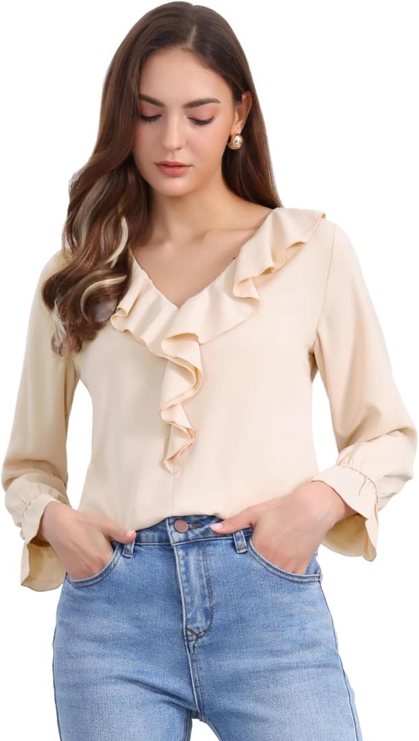 Allegra K Women's Ruffle Blouse for Business Work Elegant V Neck Long Sleeve Casual Dressy Top (Light Beige), Medium
