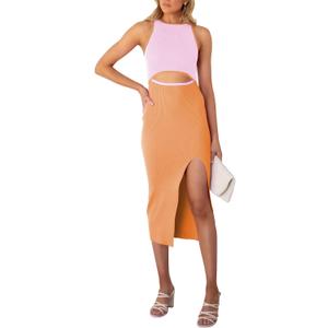Pink Queen Women's Cutout Crew Neck Sleeveless Tank Slit Ribbed Bodycon Midi Dresses (Orange, S)