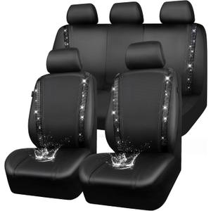 Leather Bling Diamond Car Seat Covers Full Set, Shining Rhinestone Waterproof Durable Rear with Zipper, Universal Fit Automotive Glitter Crystal Sparkle Strip for Cute Women Girly Black, 2PCS