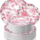 Suclain 60 Pcs Pink Plastic Floral Plates Disposable Heavy Duty White with Pink Floral 9" Dinner Plate and 7" Dessert Plate, Disposable Plastic Plates for Party Birthday Bridal Shower