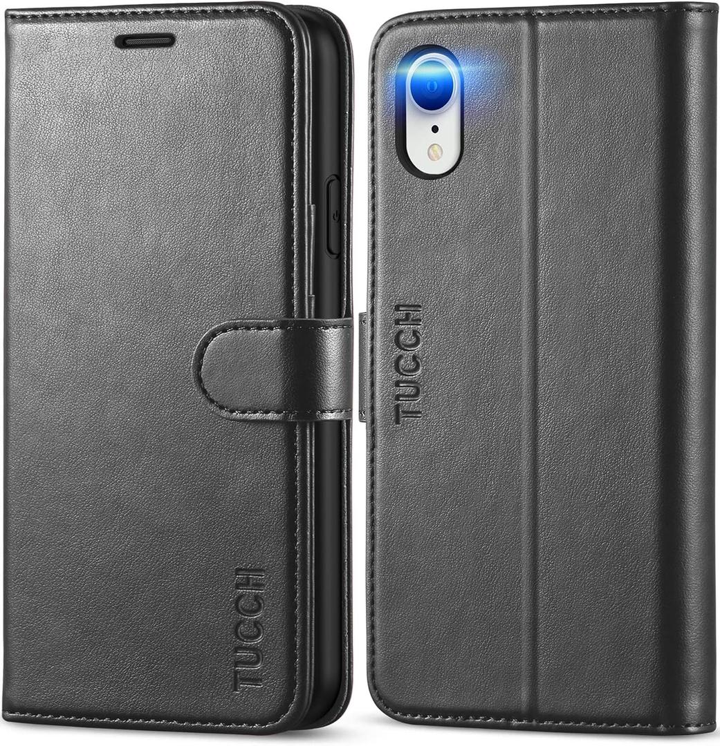 TUCCH Case Wallet for iPhone XR, Kickstand RFID Blocking Credit Card Slot PU Leather Folio Phone Cover with Wireless Charging [Shockproof TPU Shell] Compatible with iPhone XR 6.1, Black