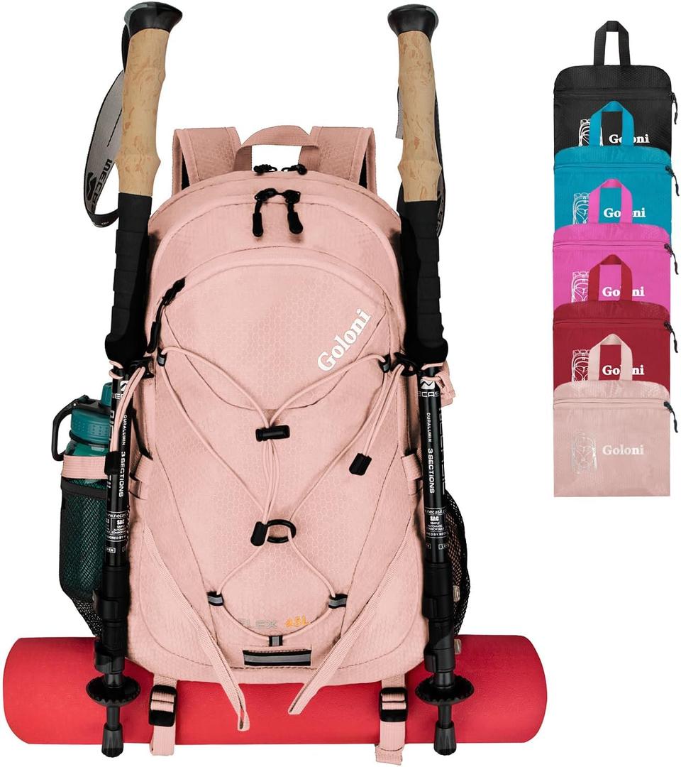 45L Hiking Backpack with Rain Cover, Lightweight Foldable Camping Backpack for Trekking, Water-Resistant Daypack with Hiking Pole & Mat Carrying System, Pink