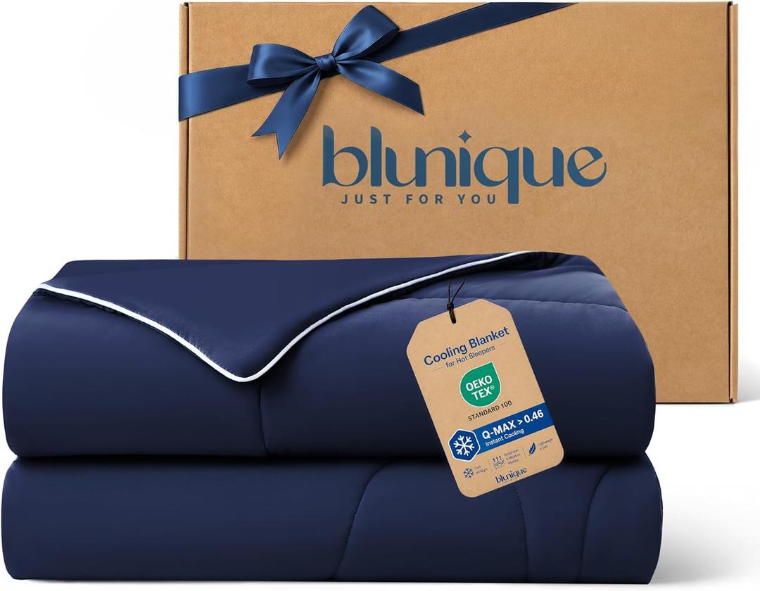 Cooling Comforter Queen Size, Double-Sided Cooling Blanket for Hot Sleepers, Breathable Lightweight Comforter for Night Sweats, All Season Cool Blanket, Soft Cold Touch,(90"x90" Dark Blue)