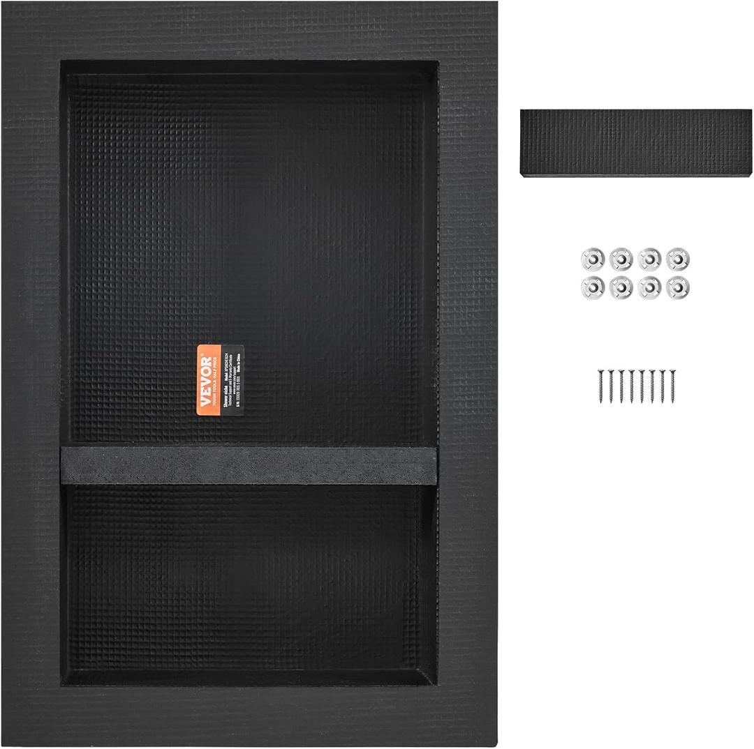 VEVOR Shower Niche Ready for Tile 16" x 24", Double Shelf Organizer, Square Corners Wall-inserted Niche Recessed, Sealed Protection Modern Soap Storage Niche for Shower Bathroom, Black