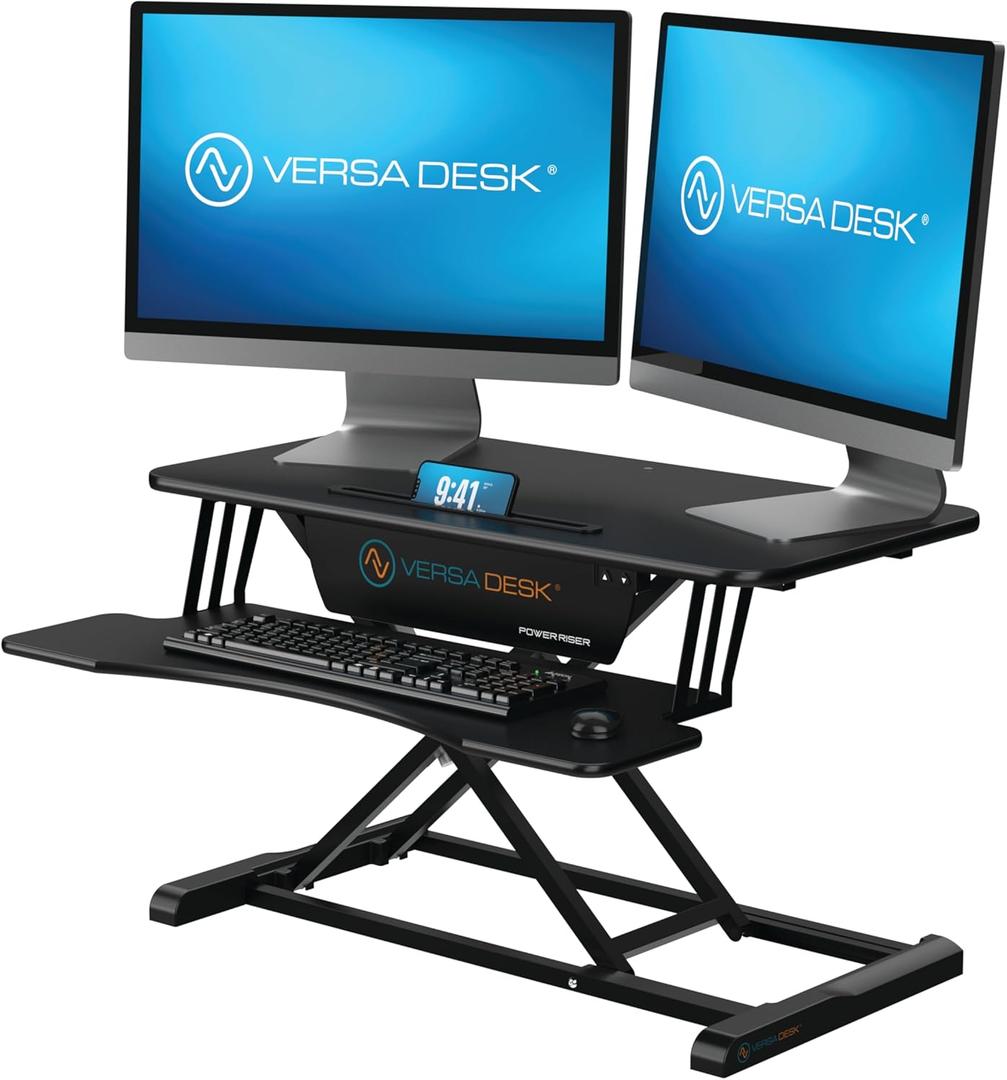 VERSADESK Power Riser 32" Electric Standing Desk Converter, Sit to Stand Up Height Adjustable Desk Riser, 2-Tier Tabletop Laptop and Dual Monitor Desktop Workstation with Wide Keyboard Tray, Black