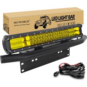 SKYWORLD 20 inch 288W Car Led Light Bar with 12V Wiring Harness Kit, Aluminum License Plate Mounting Bracket Holder for Off Road Truck SUV 4x4, 3000K Yellow Driving Fog Lights
