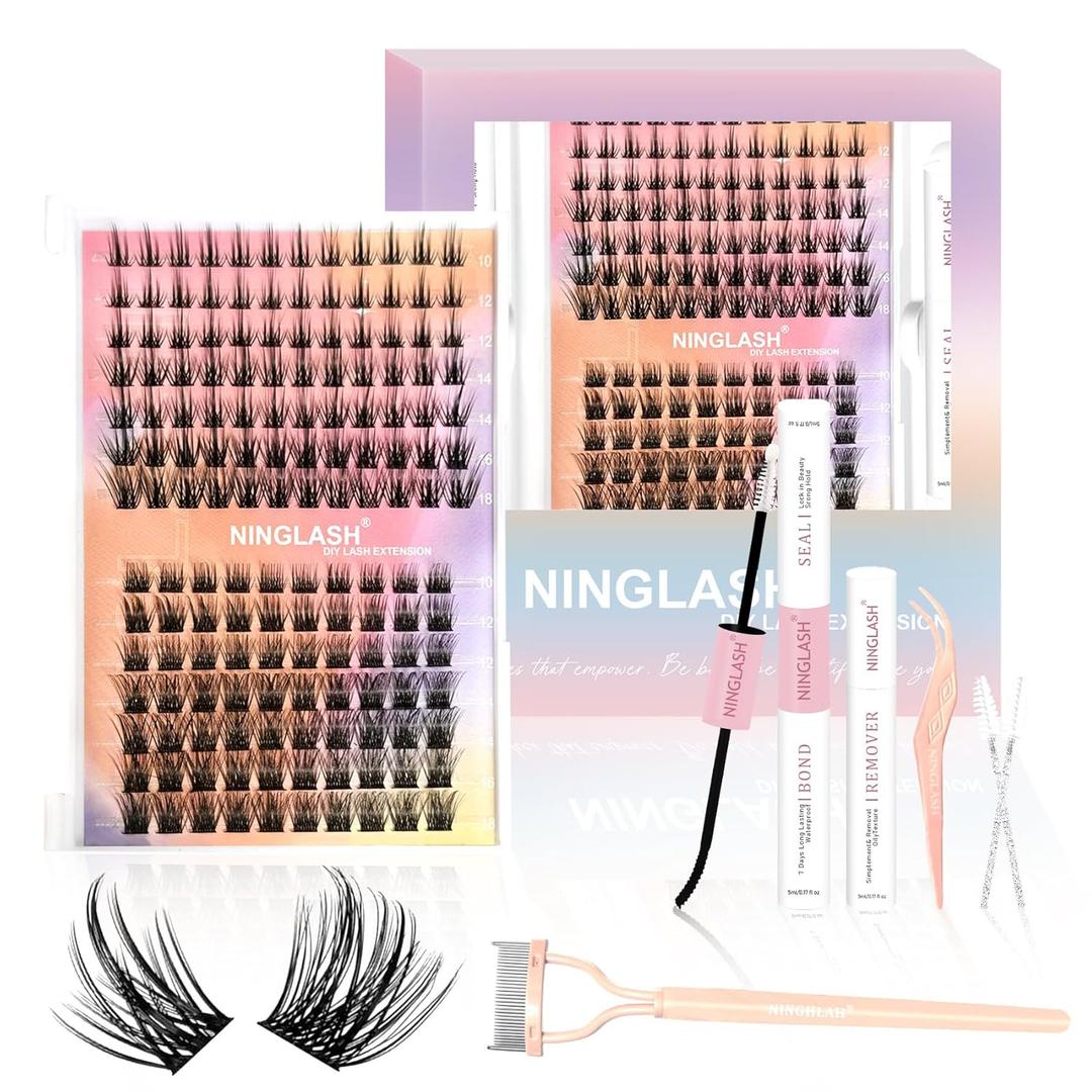 3 x NINGLASH Royale Lash Clusters Kit Wispy DIY Eyelash Extension, 2 Styles 154pcs Individual Natural Lashes Spikes Cluster Eyelashes Lash Bond and Seal Remover Tweezer Comb Brush
