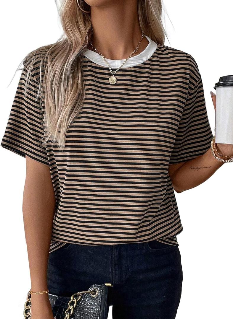 LilyCoco Women's Short Sleeve Striped Shirt Summer Crewneck T Shirt Basic Tops (Medium, Colorblock Bown)