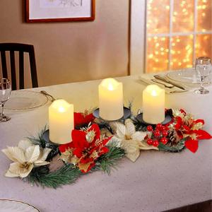 FORUP Christmas Centerpiece, Christmas Candle Holders, Christmas Tabletop Poinsettia Centerpiece with 3 Flameless Candle, Romantic Holiday Candelabrum for Home Party Christmas Table Mantel Decorations