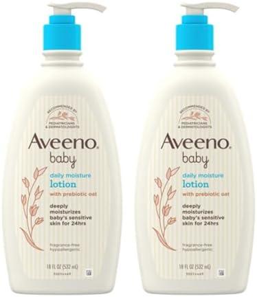 Aveeno Baby Daily Moisture Body Lotion for Sensitive Skin, Hypoallergenic Moisturizing Baby Lotion with Nourishing Oat to Deeply Moisturize Baby's Skin, Fragrance-Free, 18 fl. oz, 2 Pack