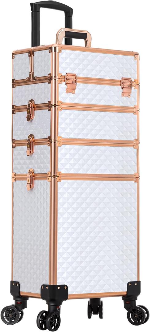 AROUS Rolling Makeup Train Case 4 in 1 Cosmetology Case on Wheels Large Storage Cosmetic Trolley with Key Salon Barber Case Traveling Cart Trunk,White