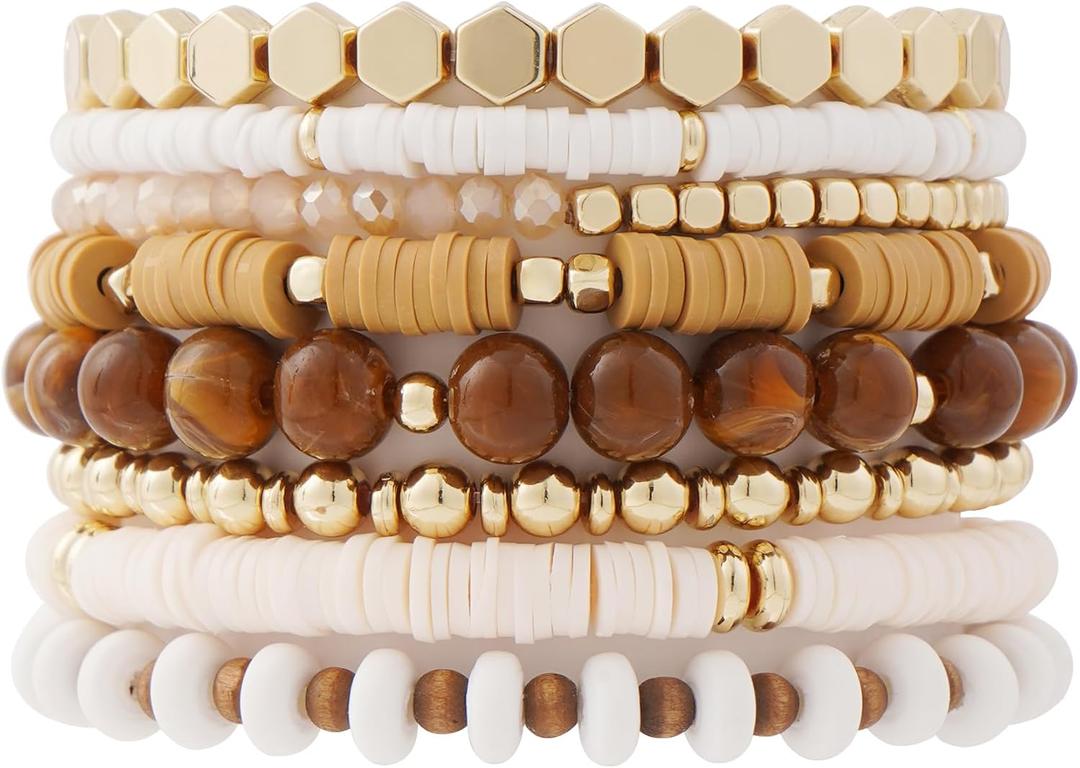 GOOJIDS Surfer Heishi Clay Bead Bracelets for Women Bohemian Stackable Gold Beaded Stretch Bracelets Elastic Layering Friendship Bracelets Set Boho Jewelry (X-Light Brown Set)