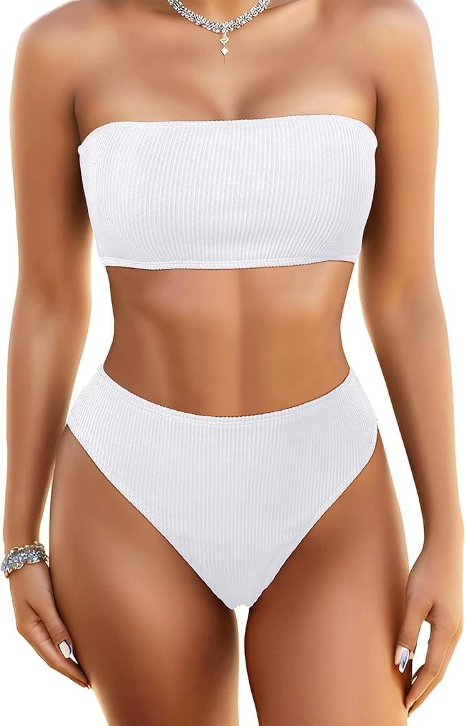 Yonique Thong High Waisted Bikini Set Ribbed Bandeau Swimsuit Strapless Bathing Suit Two Piece Swimwear, Large