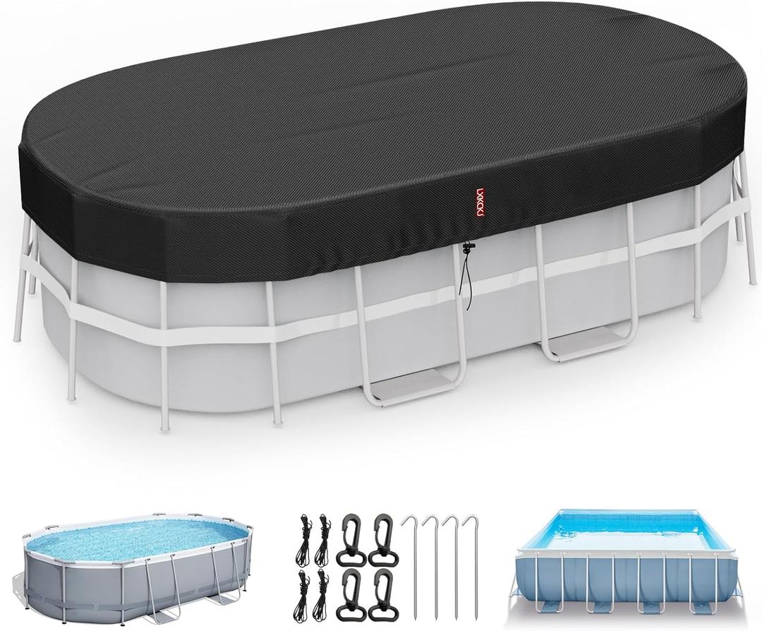 LXKCKJ 10x16 FT Rectangular Pool Cover with Above Ground Pool, Solar Oval Pool Cover Protector, Winter Pool Cover with Accessories Set Ideal for Cold and UV Resistant, Dustproof (Black)
