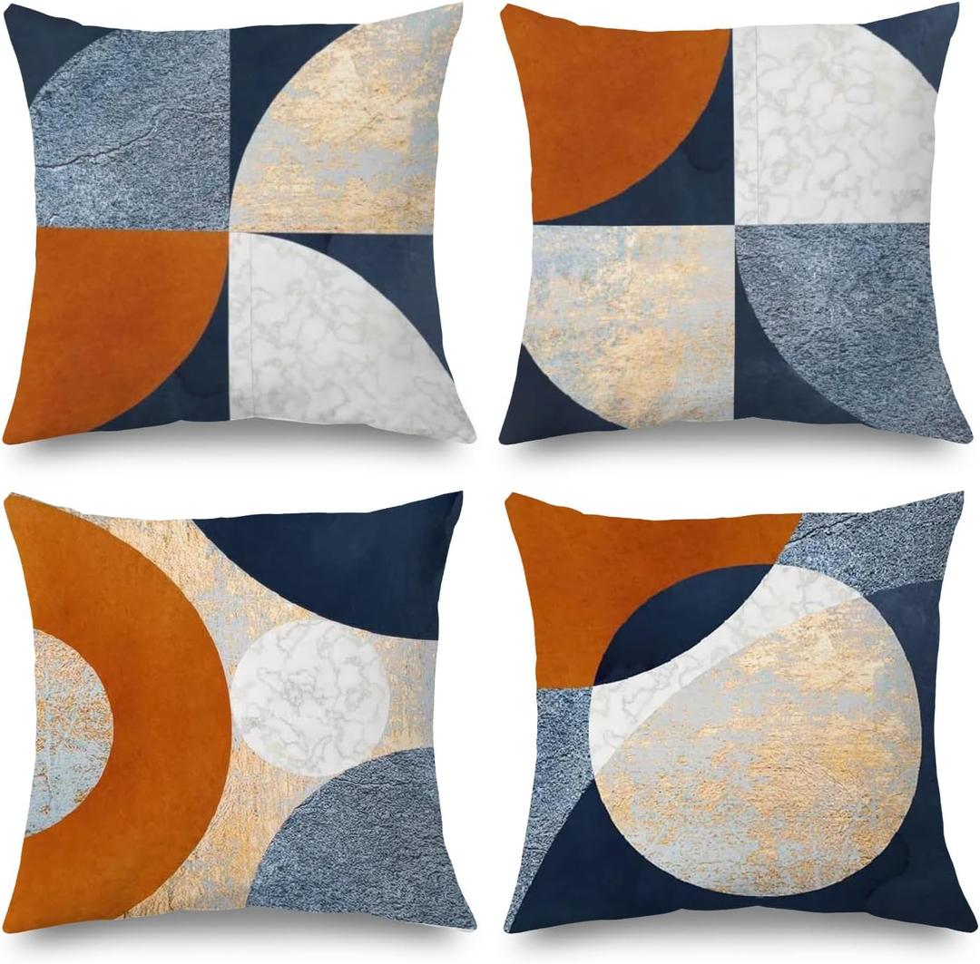 Boho Blue Orange Brown Gold Pillow Covers 18x18 Set of 4, Abstract Modern Terracotta Circles Decorative Pillow Covers for Bedroom Living Room, Textured Modern Home Decor, Boho Textured Room Decor